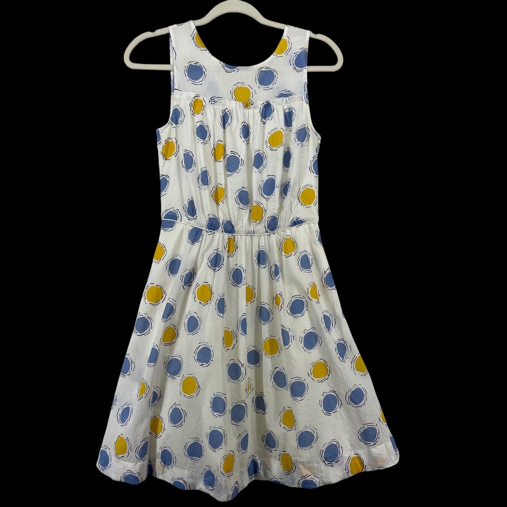 Boden Size 4R Sleeveless Dress White Blue Yellow Abstract Polka Dot Cotton Women